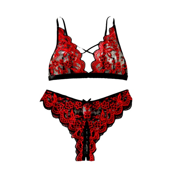 Sexy Red & Black Lace Bra & Panties Set Size Large NEW - Picture 1 of 7